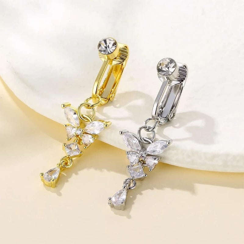 QWALIT Fake Belly Ring Fake Belly Piercing Fake Belly Button Ring Fake Belly Button Piercing Clip on Belly Button Rings Butterfly Heart Silver Gold - Image 3